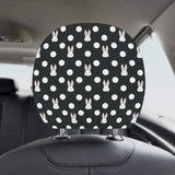 Cute white rabbit polka dots black background Car Headrest Cover