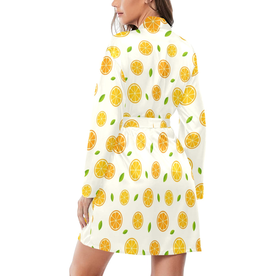 oranges leaves pattern Women's Long Sleeve Belted Night Robe