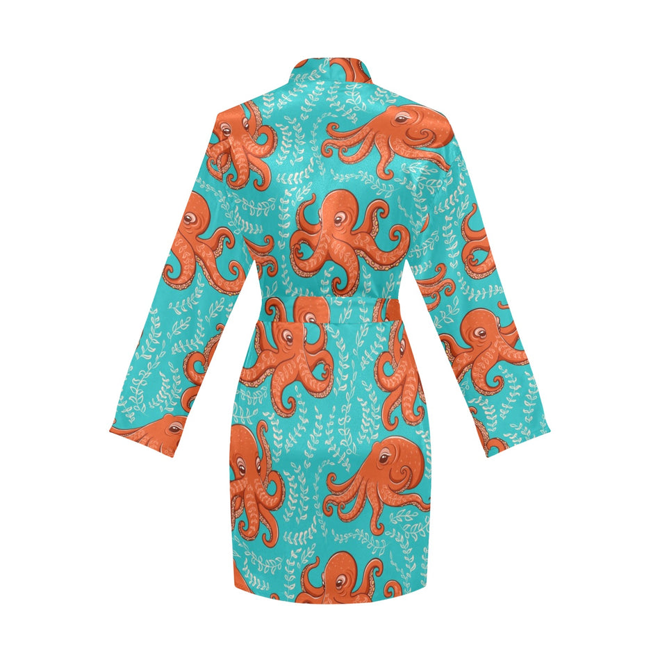 Octopus turquoise background Women's Long Sleeve Belted Night Robe