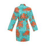 Octopus turquoise background Women's Long Sleeve Belted Night Robe