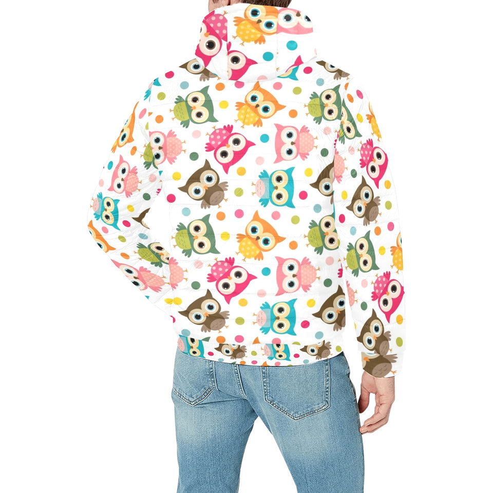 Color cute owl pattern Men's Padded Hooded Jacket