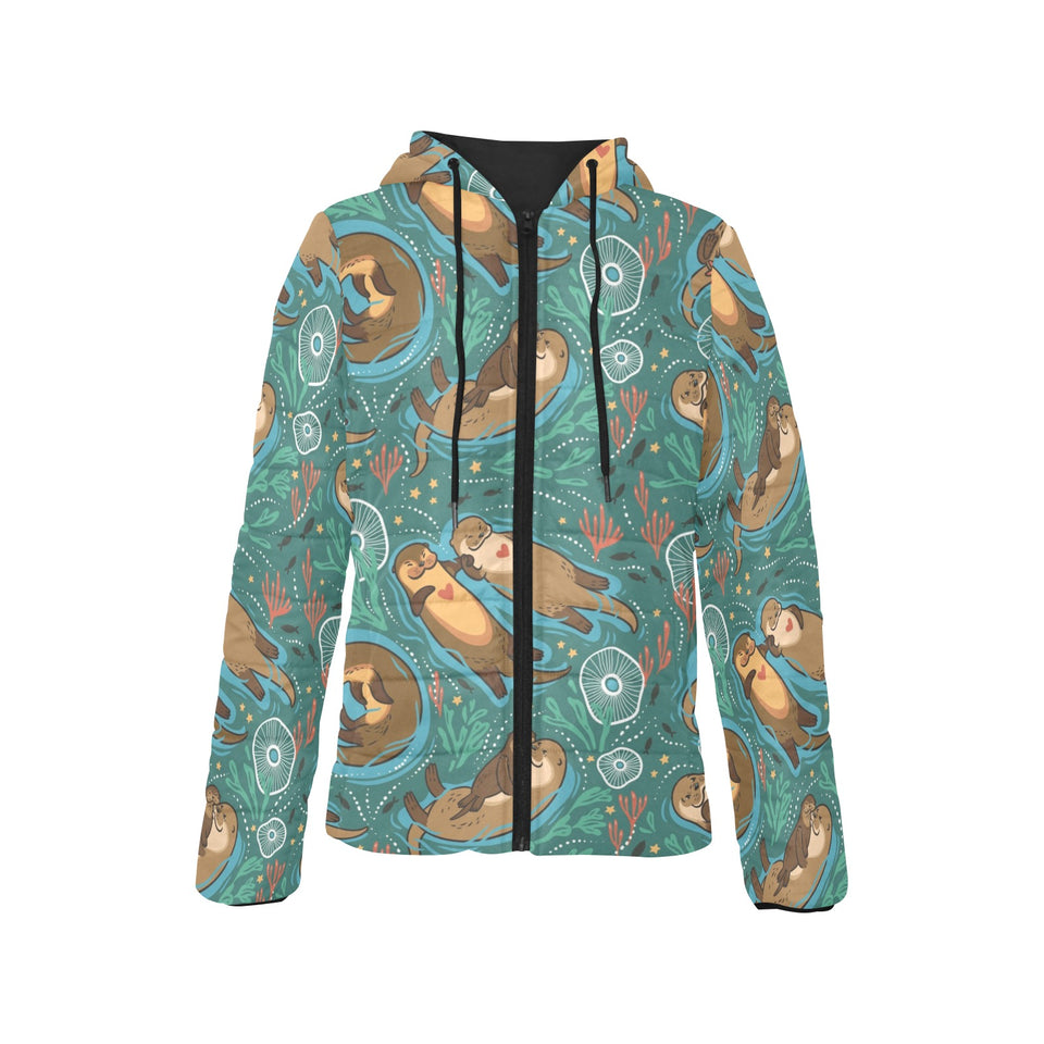 cute brown sea otters ornamental seaweed corals gr Women's Padded Hooded Jacket