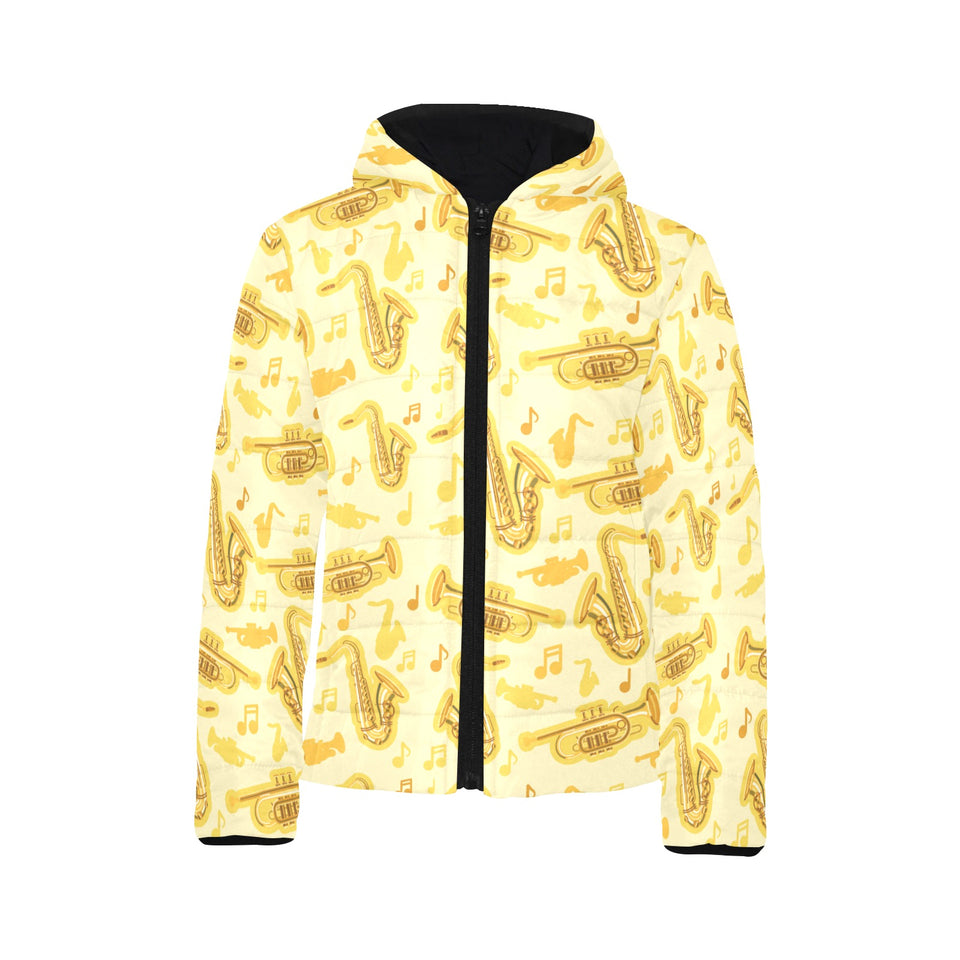 Saxophone cornet pattern yellow background Kids' Boys' Girls' Padded Hooded Jacket