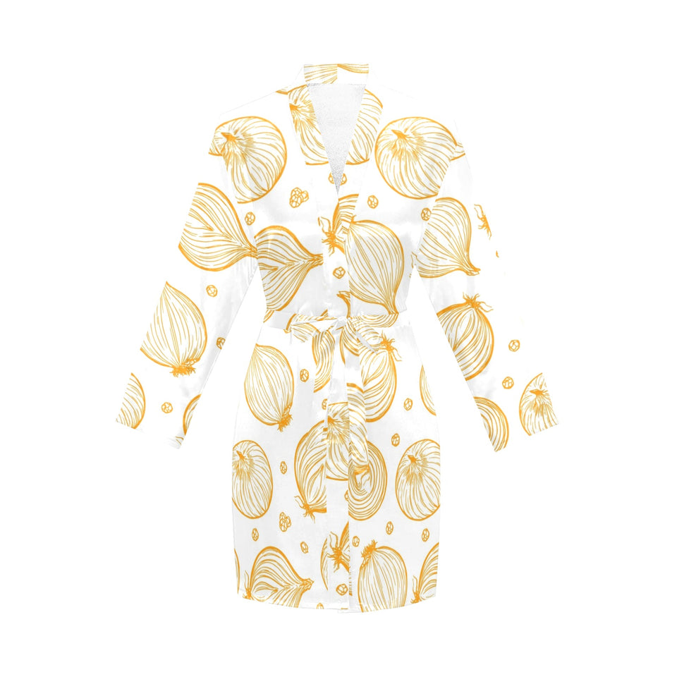 hand drawn onion pattern Women's Long Sleeve Belted Night Robe