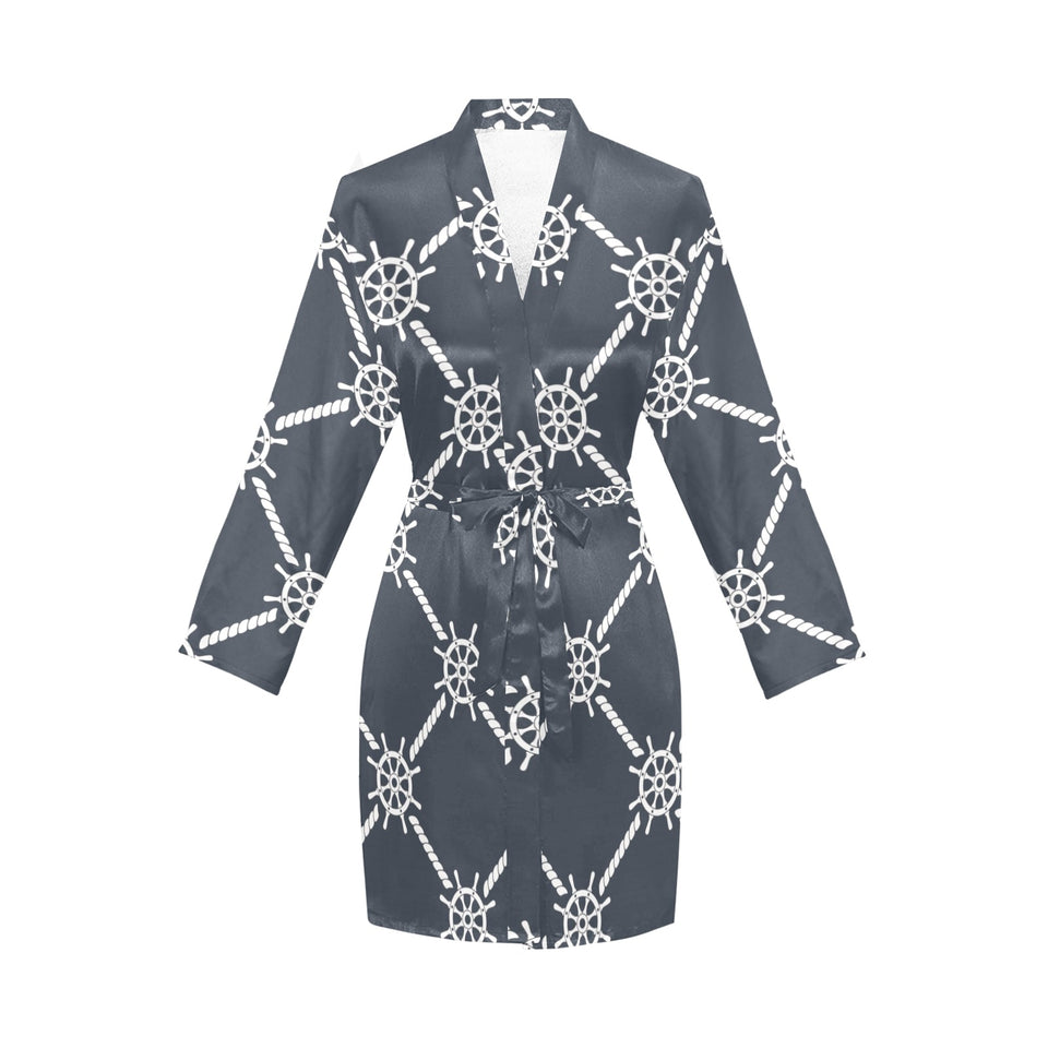 nautical steering wheel rope pattern Women's Long Sleeve Belted Night Robe