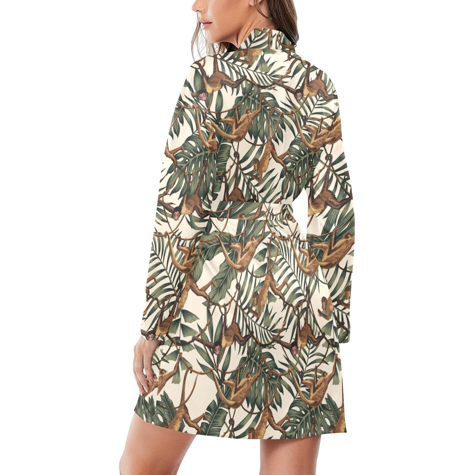 Monkey tropical leaves background Women's Long Sleeve Belted Night Robe