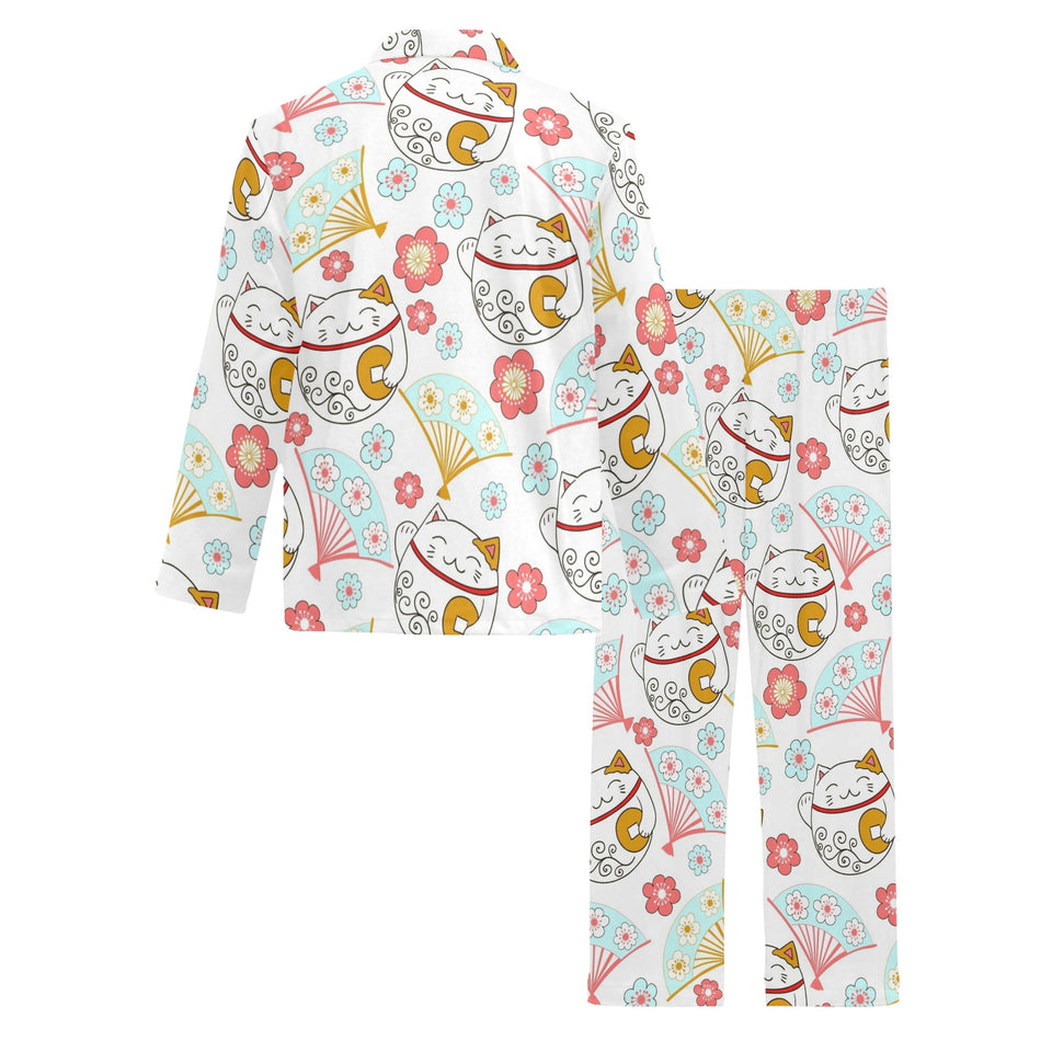 Maneki neko cat fan sakura Men's Long Pajama Set