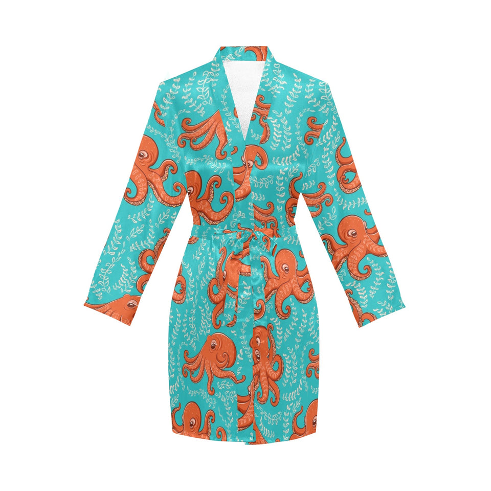 Octopus turquoise background Women's Long Sleeve Belted Night Robe