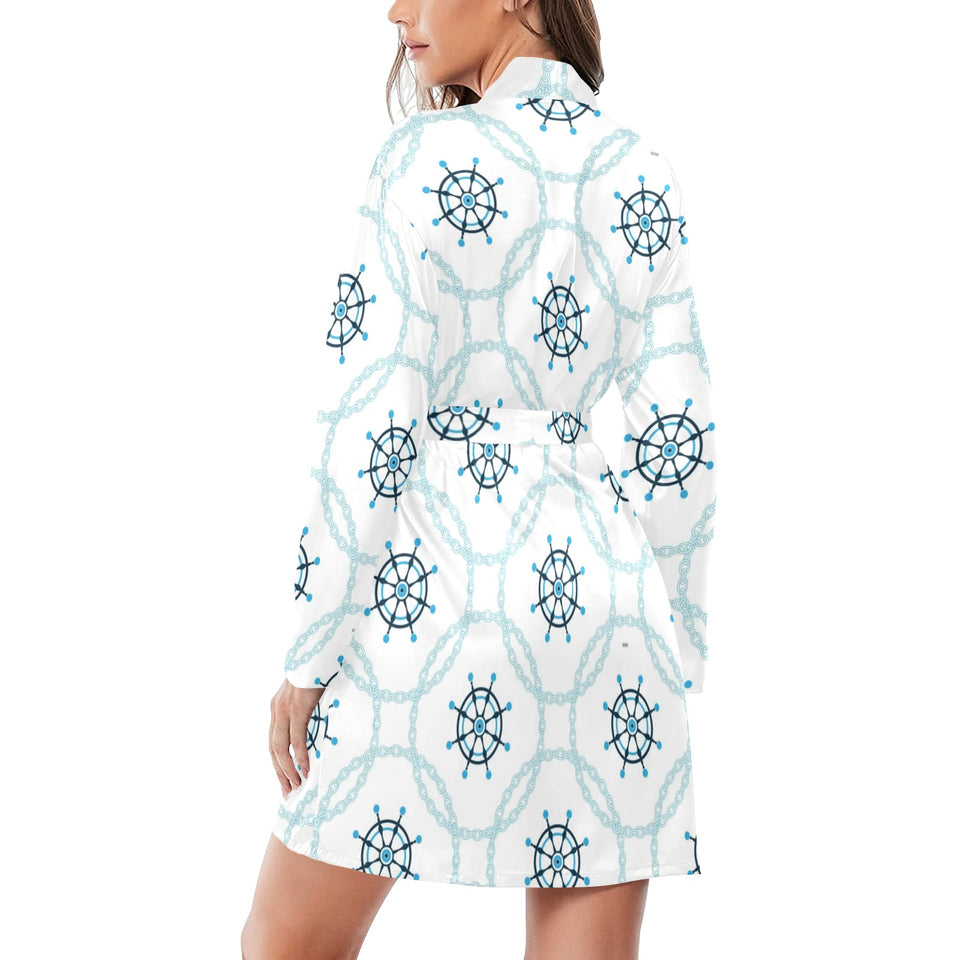 nautical steering wheel chain Women's Long Sleeve Belted Night Robe