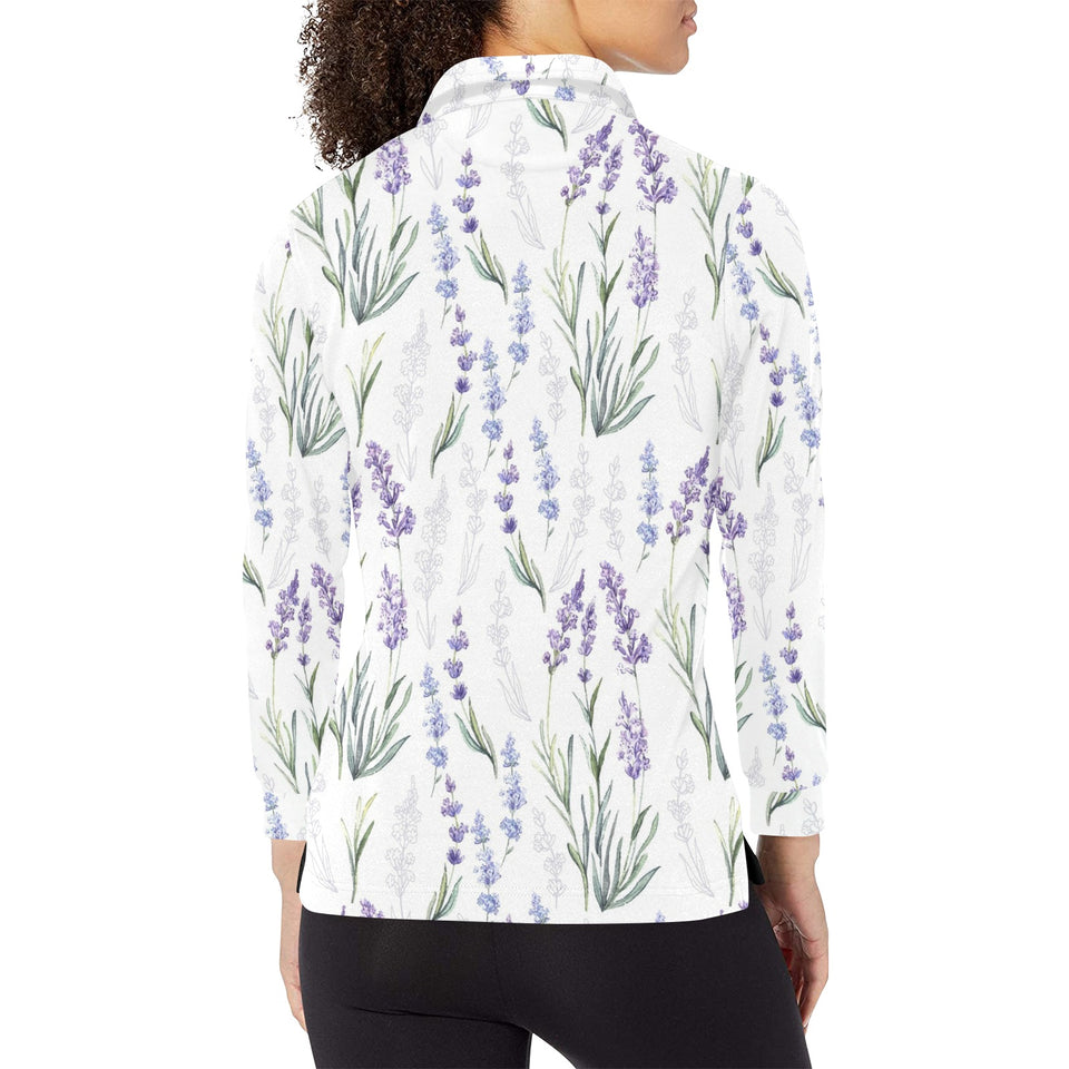 Hand painting Watercolor Lavender Women's Long Sleeve Polo Shirt