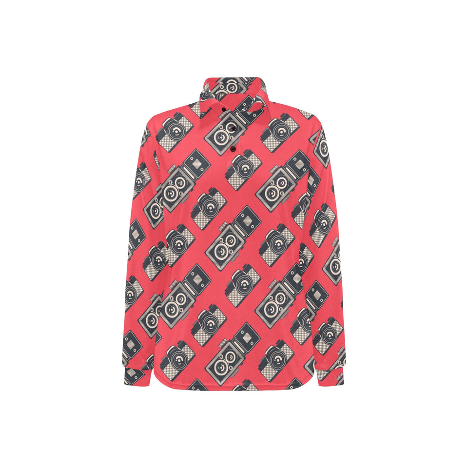 Camera Pattern Print Design 05 Women's Long Sleeve Polo Shirt