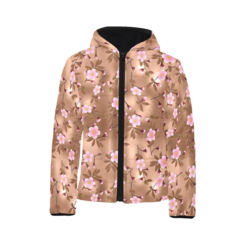 Pink sakura cherry blossom drak brown background Kids' Boys' Girls' Padded Hooded Jacket