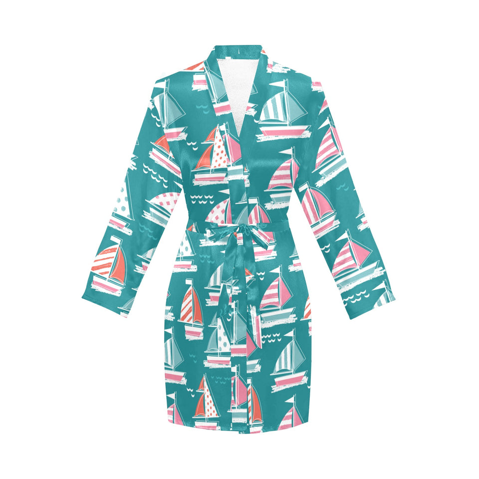 Cute sailboat pattern Women's Long Sleeve Belted Night Robe