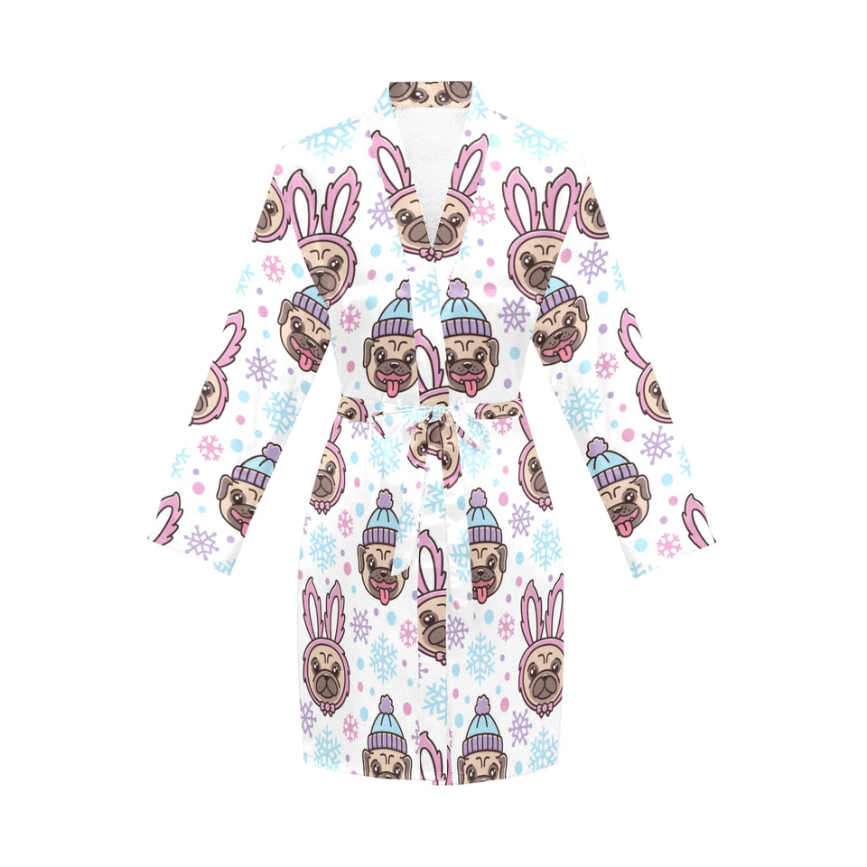 Cute pug hat rabbit costume pattern Women's Long Sleeve Belted Night Robe