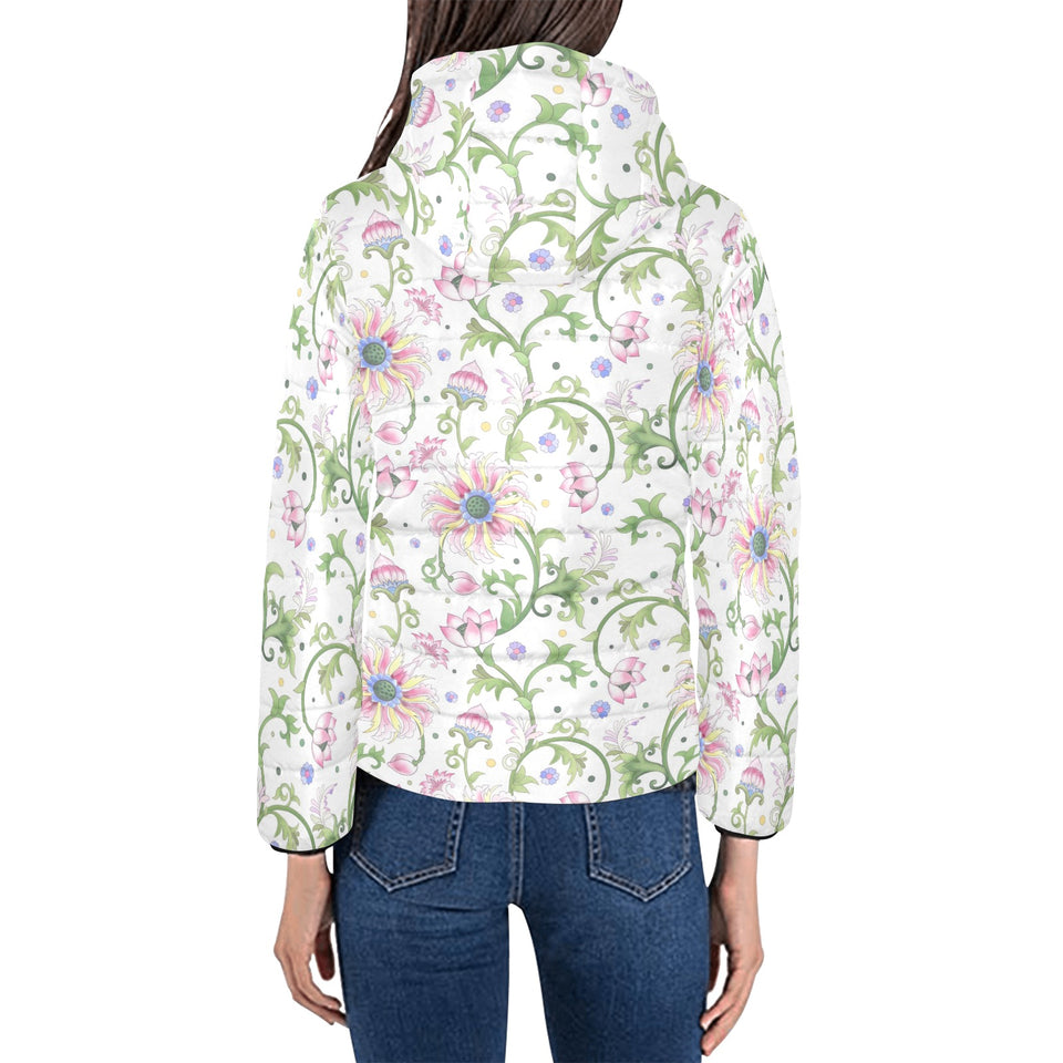 Beautiful pink lotus waterlily leaves pattern Women's Padded Hooded Jacket