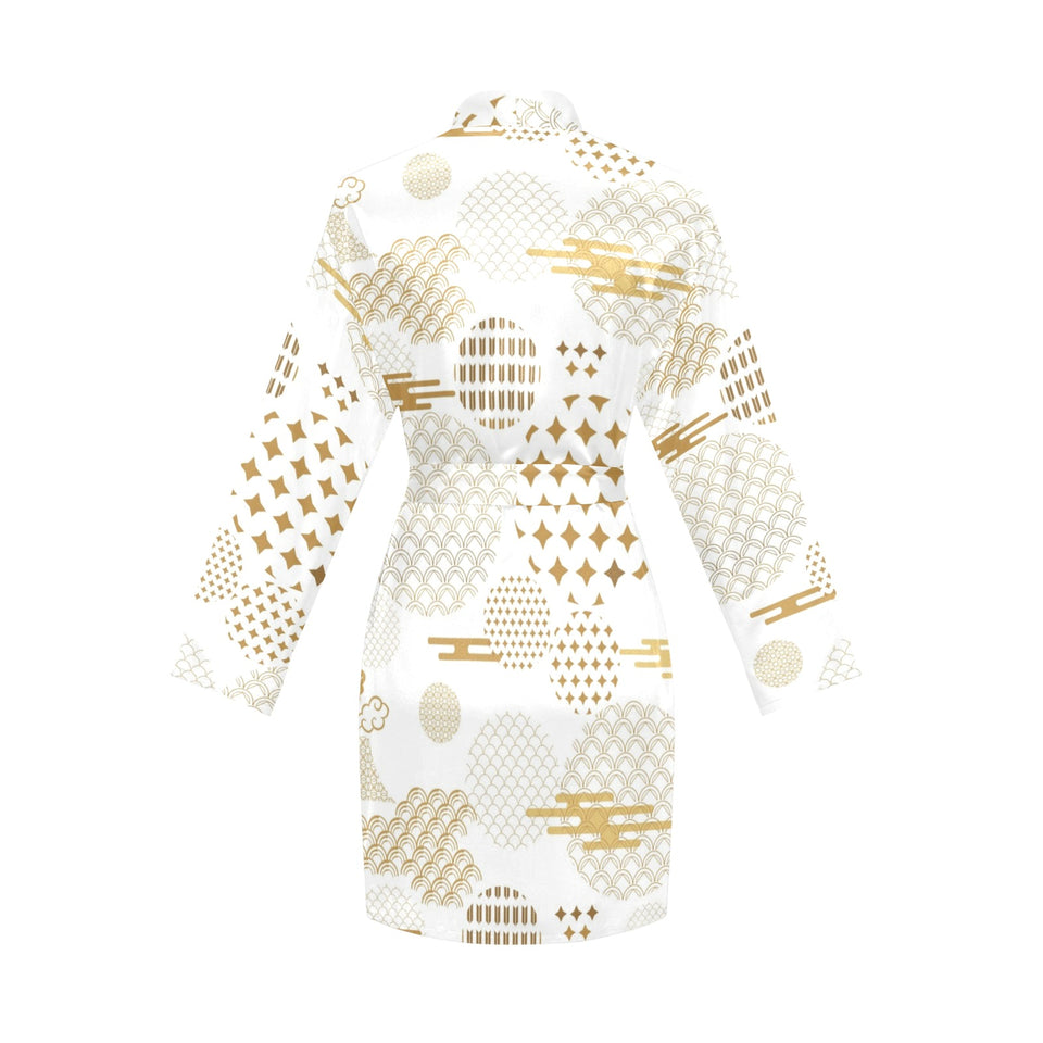Beautiful gold japanese pattern Women's Long Sleeve Belted Night Robe