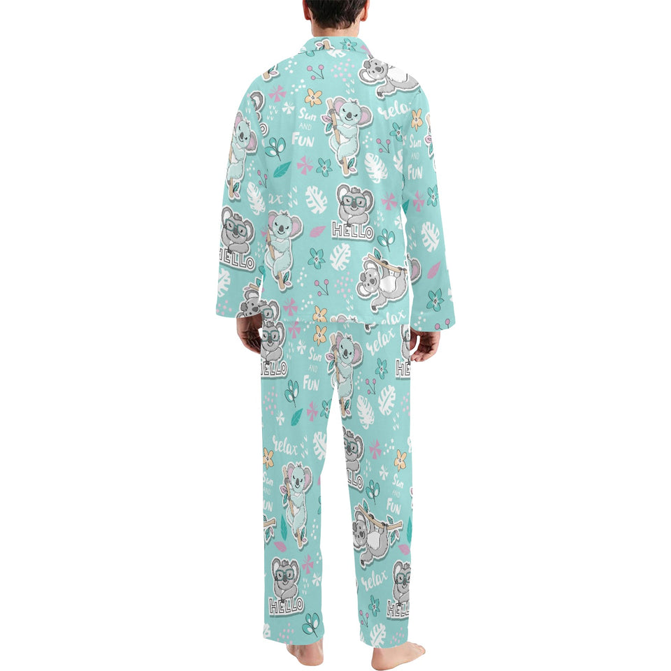 Cute koalas blue background pattern Men's Long Pajama Set