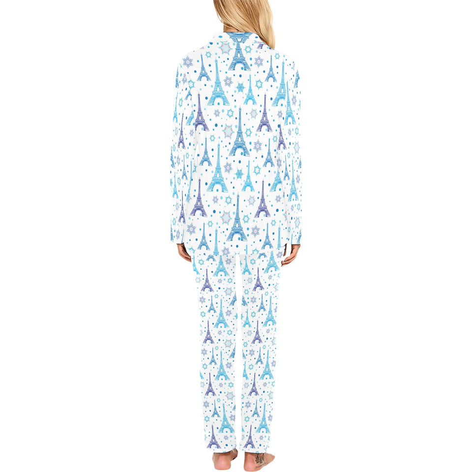 Blue Eiffel Tower Theme Pattern Print Design 01 Women's Long Pajama Set