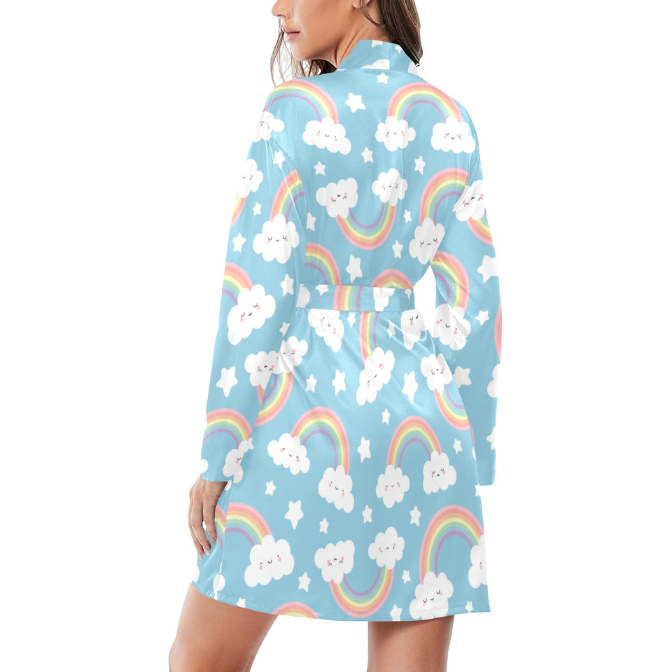 Cute rainbow clound star pattern blue background Women's Long Sleeve Belted Night Robe