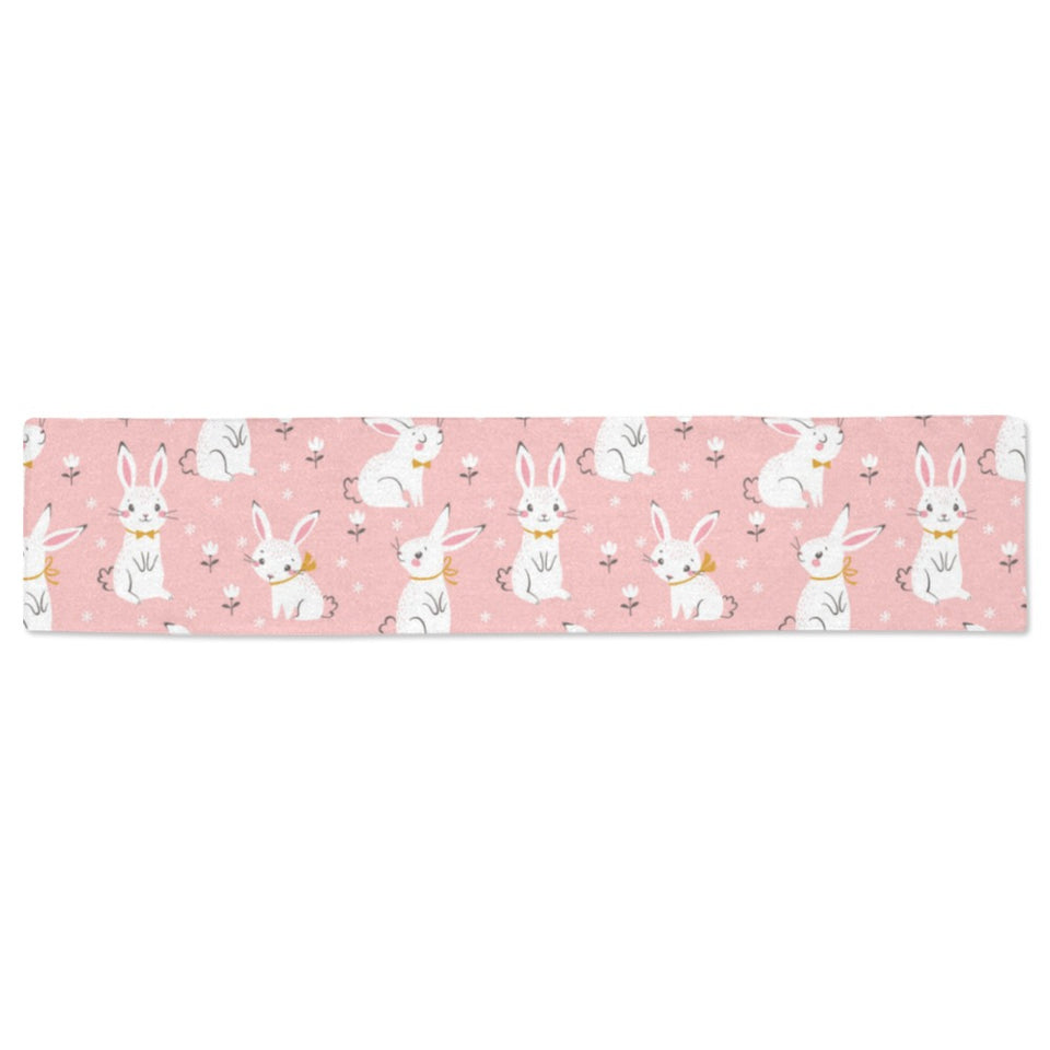 Cute white rabbit flower pink background Table Runner