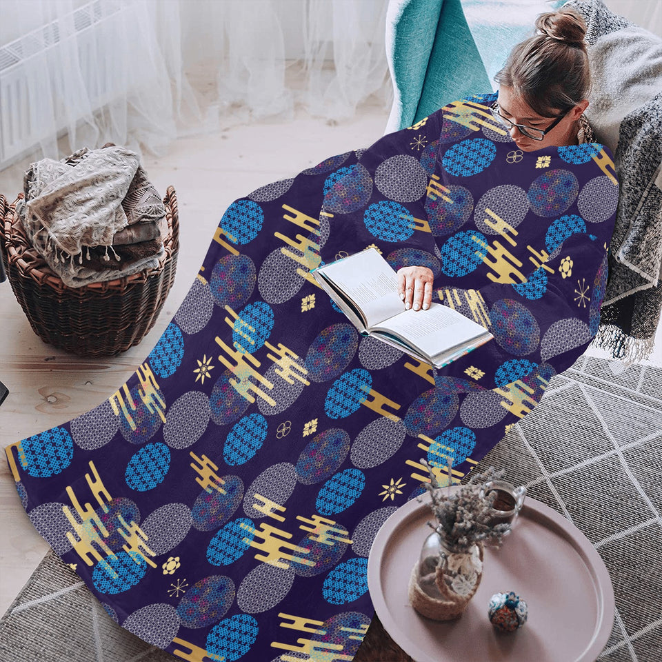 Blue japanese pattern cloud wave flower Blanket Robe with Sleeves