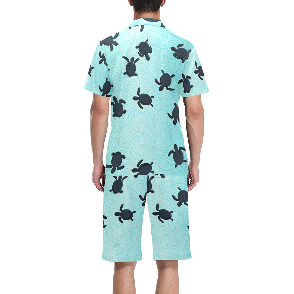 Sea turtle with blue ocean backgroud Men's V-Neck Short Pajama Set