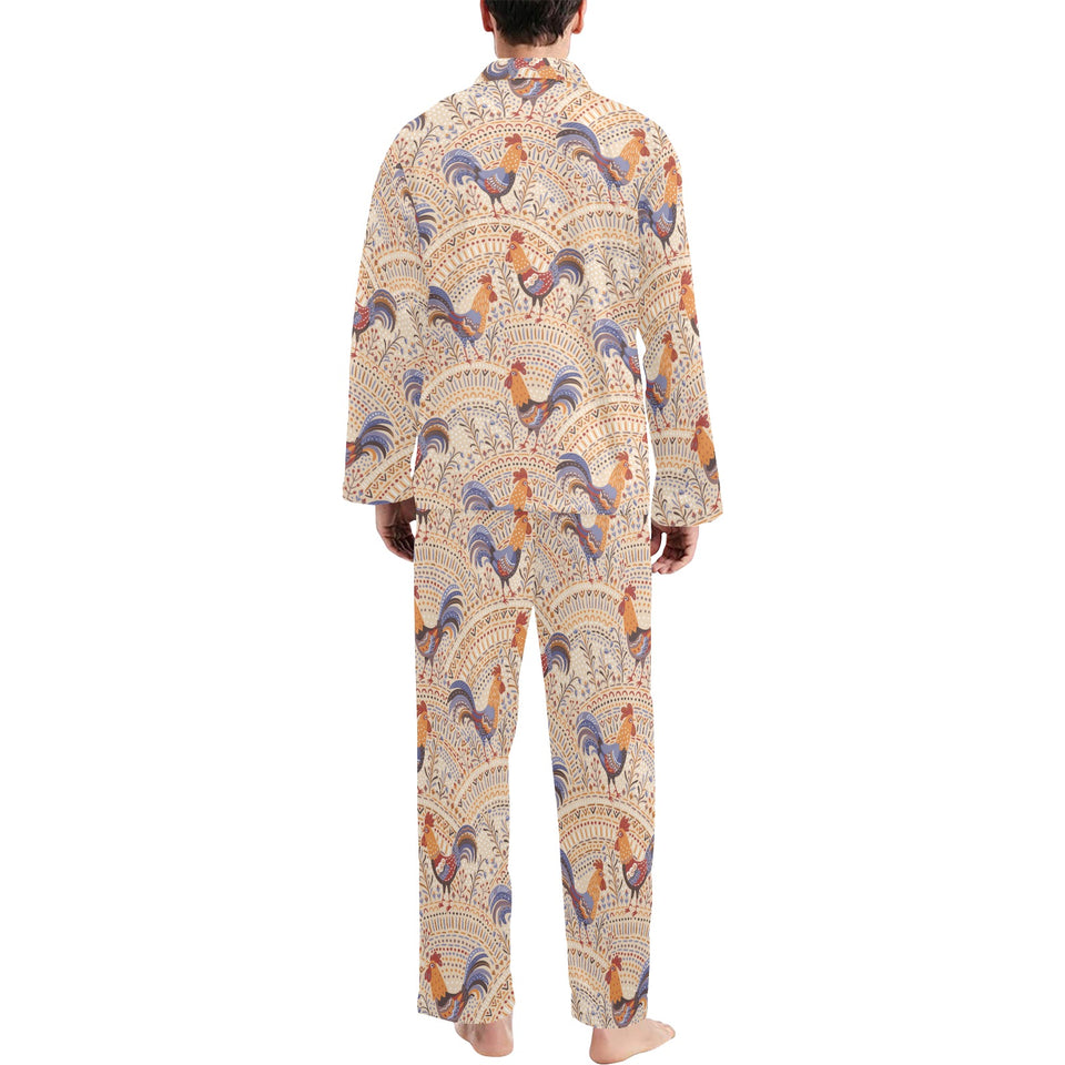 Cute rooster chicken cock floral ornament backgrou Men's Long Pajama Set