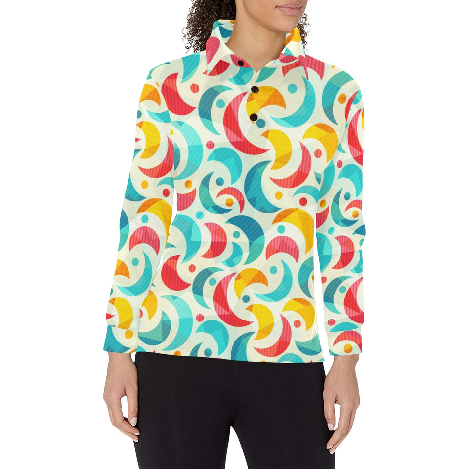 Colorful moon pattern Women's Long Sleeve Polo Shirt