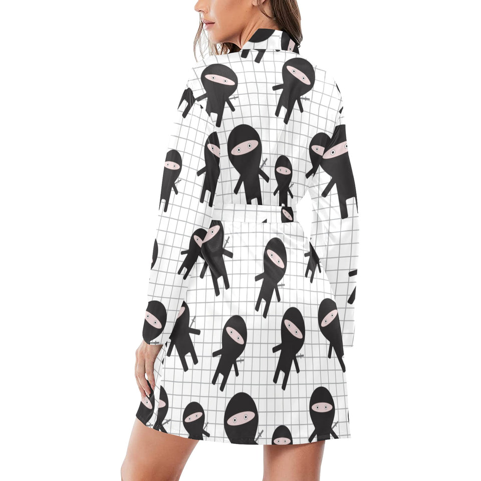 Ninja pattern plaid background Women's Long Sleeve Belted Night Robe