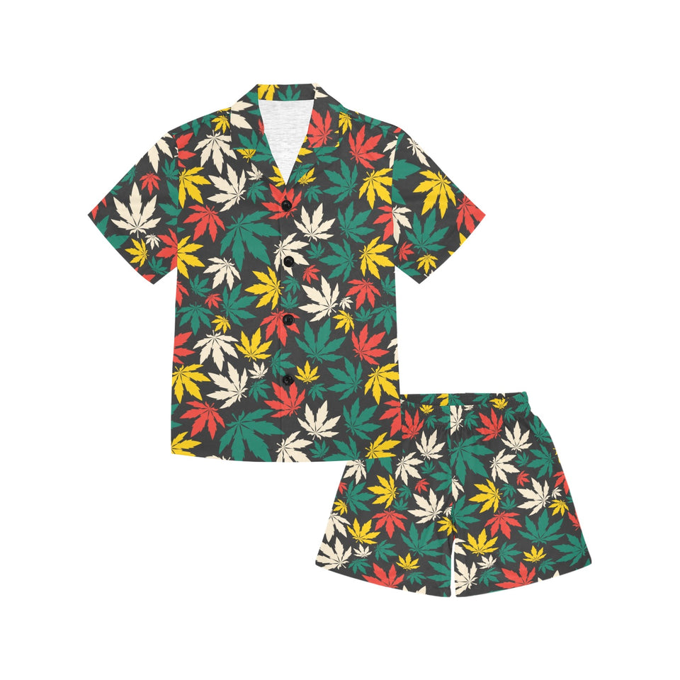Canabis Marijuana Weed Pattern Print Design 02 Kids' Boys' Girls' V-Neck Short Pajama Set