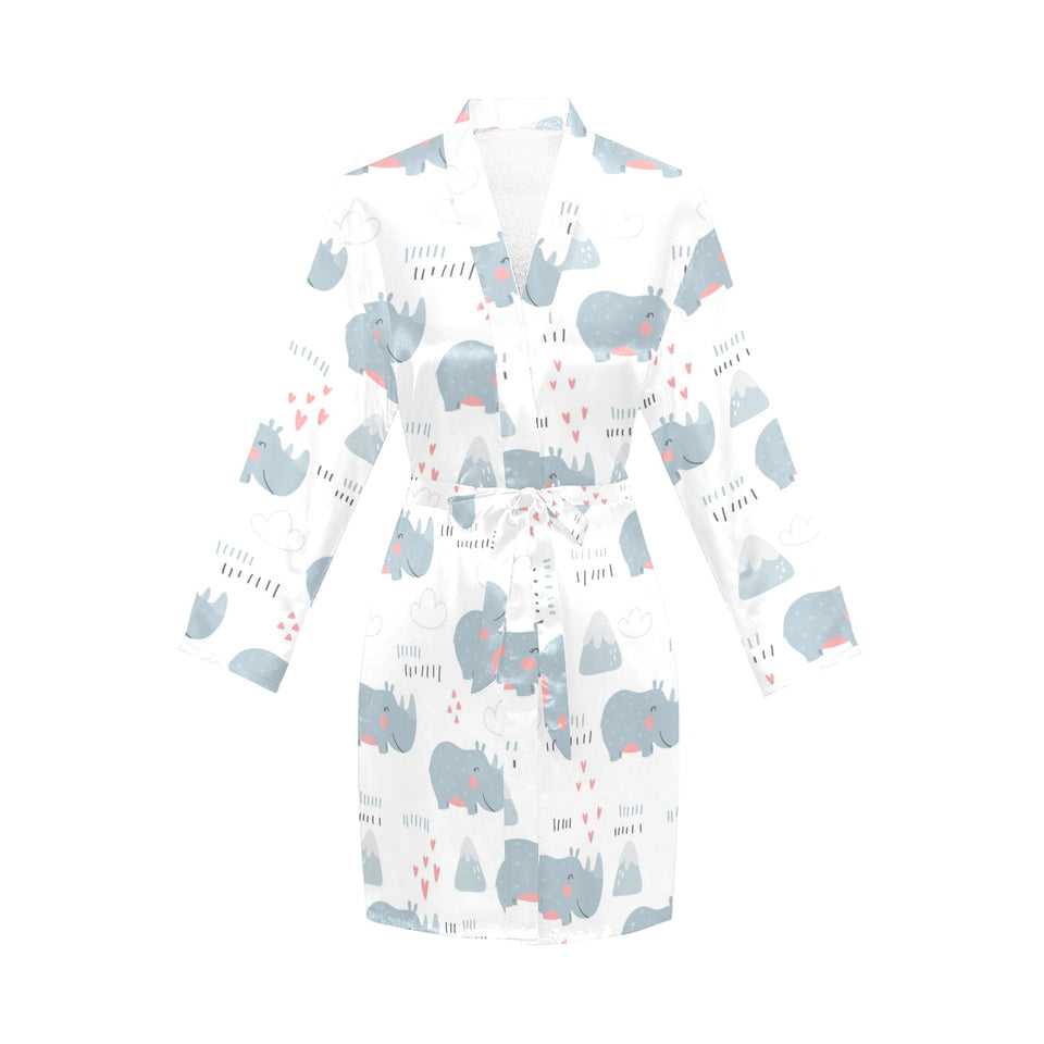 cute rhino heart pattern Women's Long Sleeve Belted Night Robe