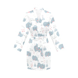 cute rhino heart pattern Women's Long Sleeve Belted Night Robe