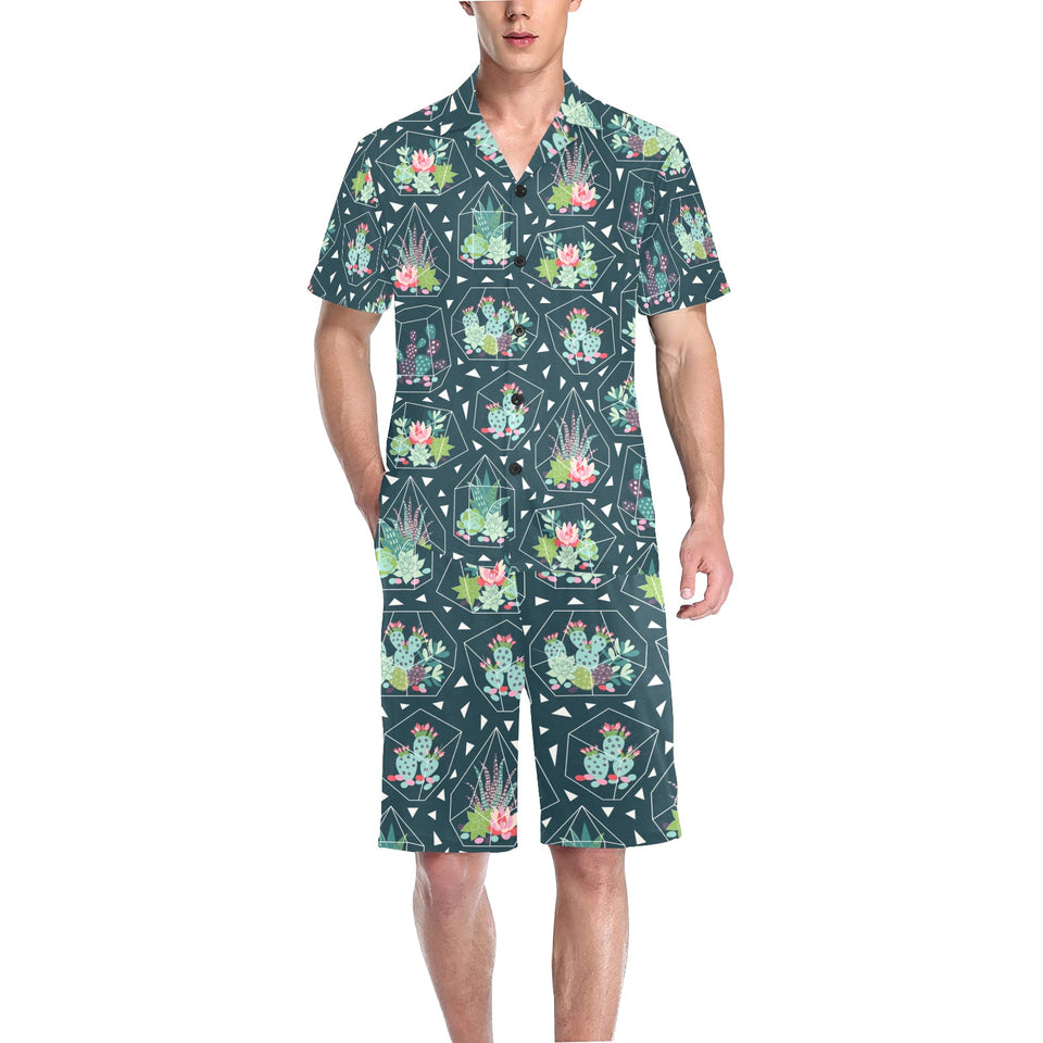 Cactus glass terrarium pattern Men's V-Neck Short Pajama Set