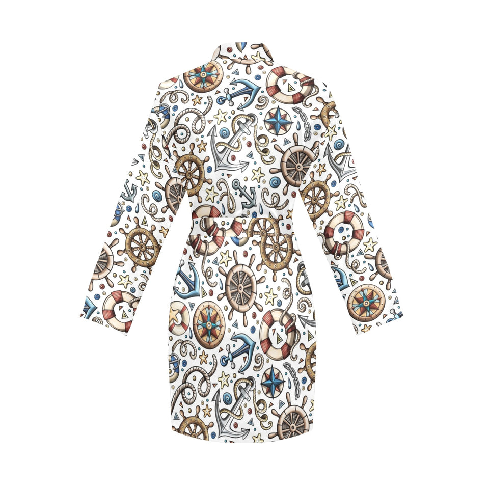 Cute nautical steering wheel anchor pattern Women's Long Sleeve Belted Night Robe