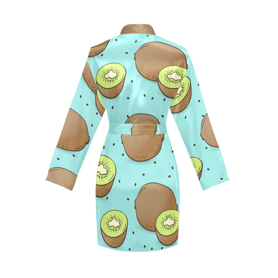 Kiwi blue background Women's Long Sleeve Belted Night Robe