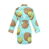 Kiwi blue background Women's Long Sleeve Belted Night Robe