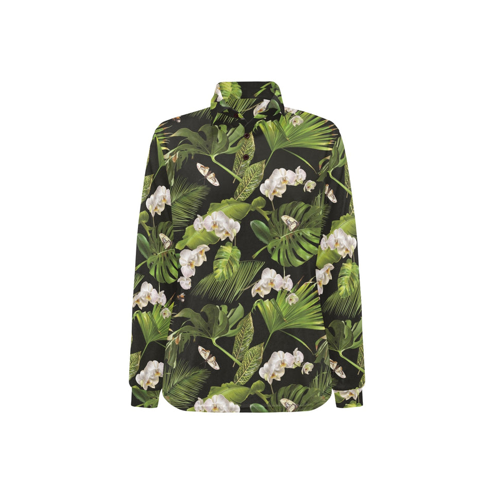 White orchid flower tropical leaves pattern blackg Women's Long Sleeve Polo Shirt