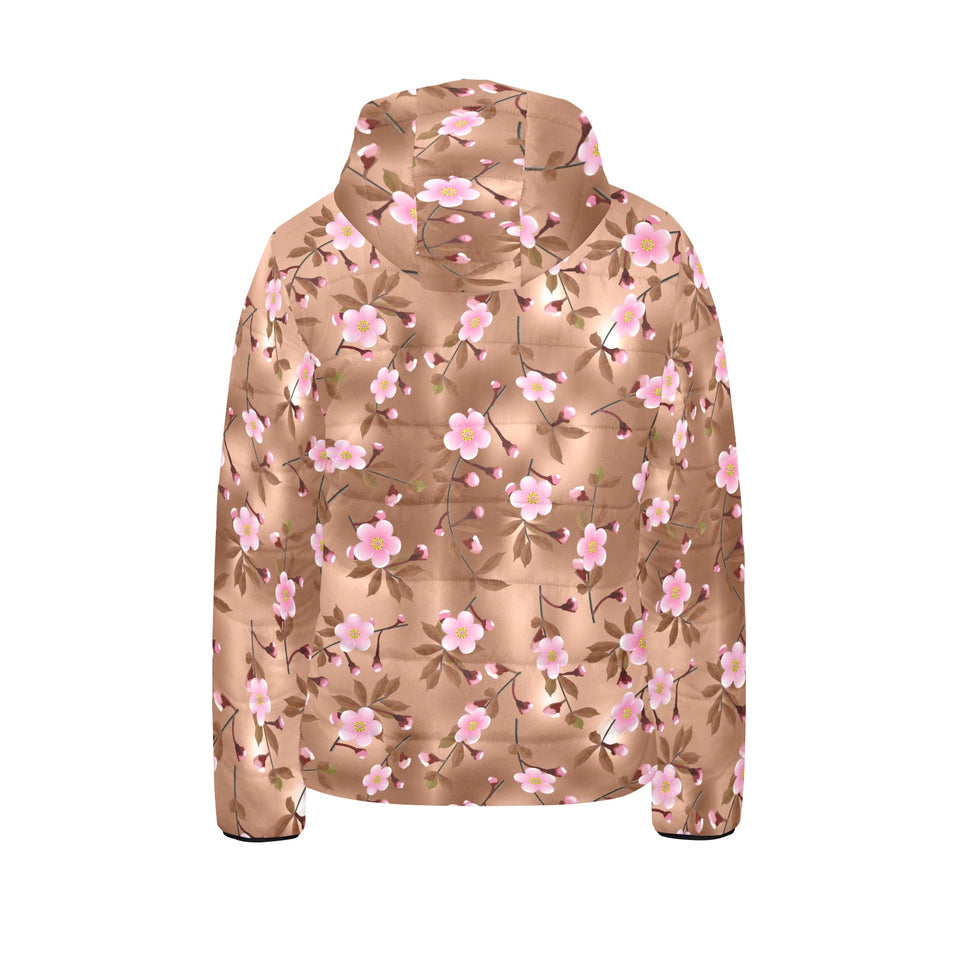 Pink sakura cherry blossom drak brown background Kids' Boys' Girls' Padded Hooded Jacket