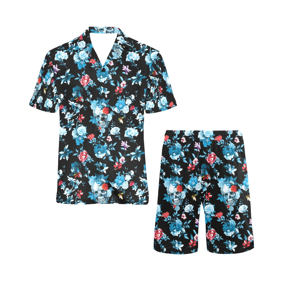 Skull flower roses leave pattern Men's V-Neck Short Pajama Set