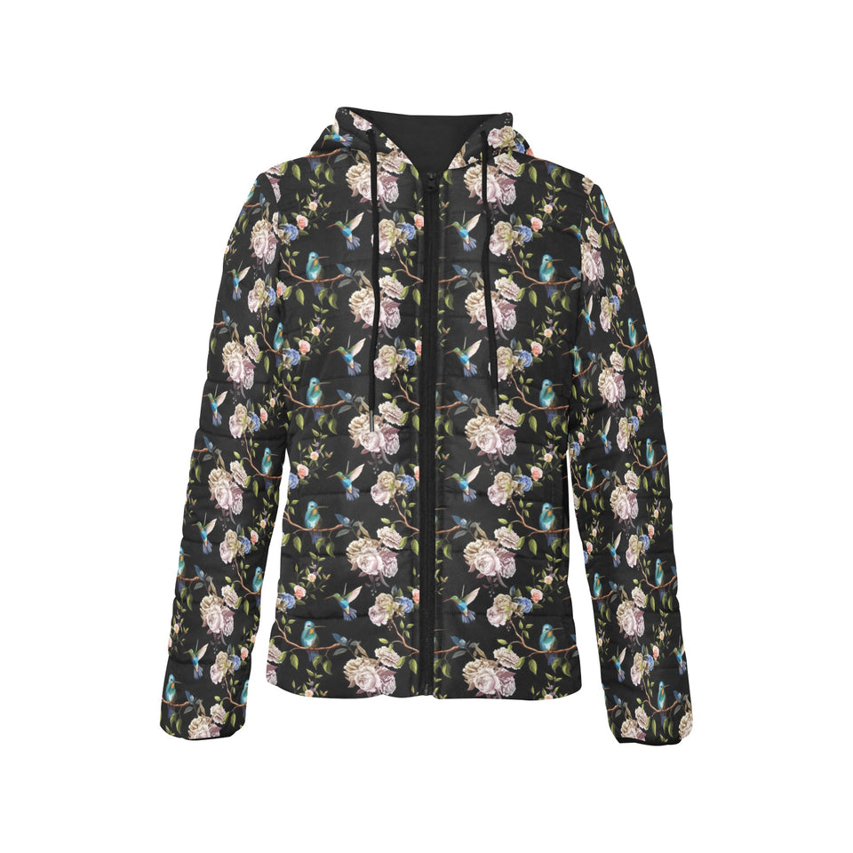 Hummingbird Pattern Print Design 03 Women's Padded Hooded Jacket