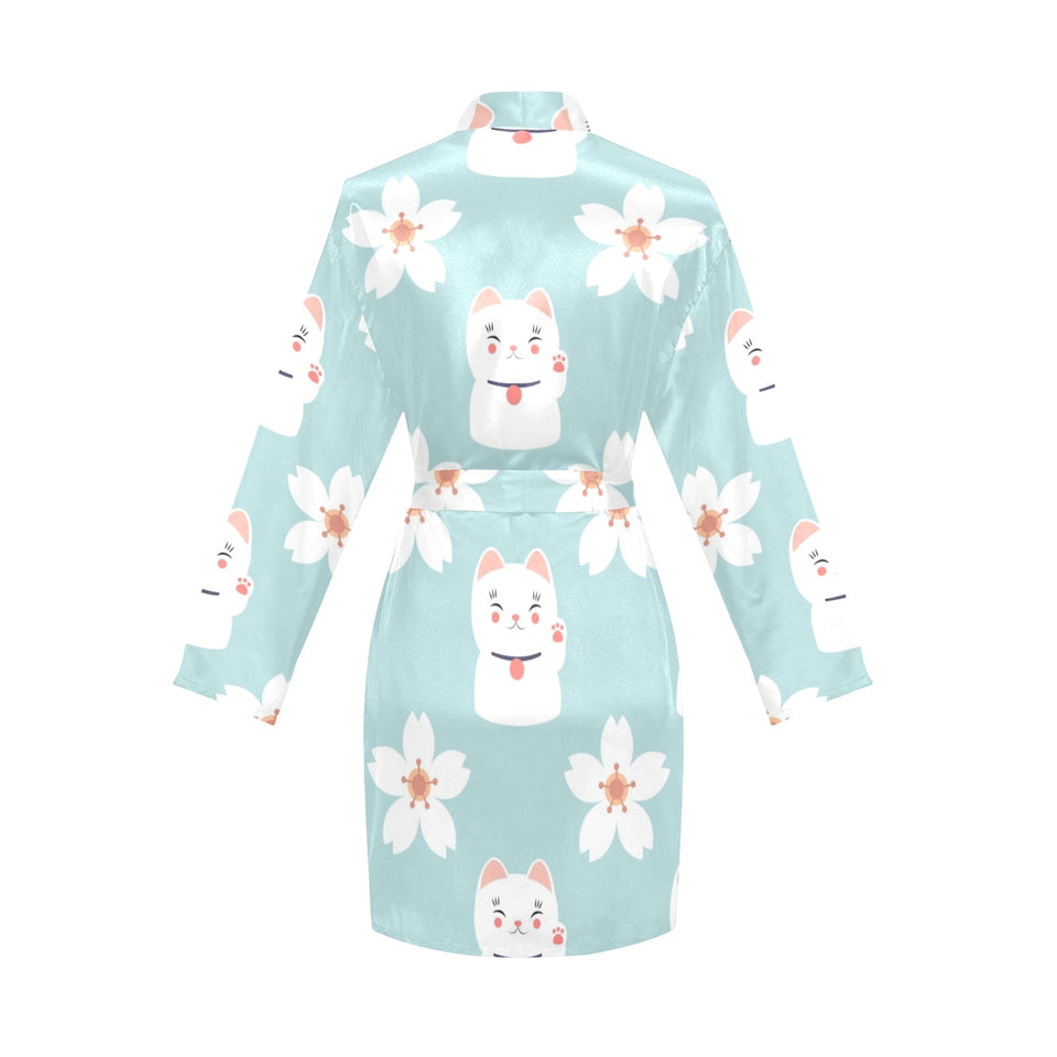 Maneki neko cat sakura Women's Long Sleeve Belted Night Robe