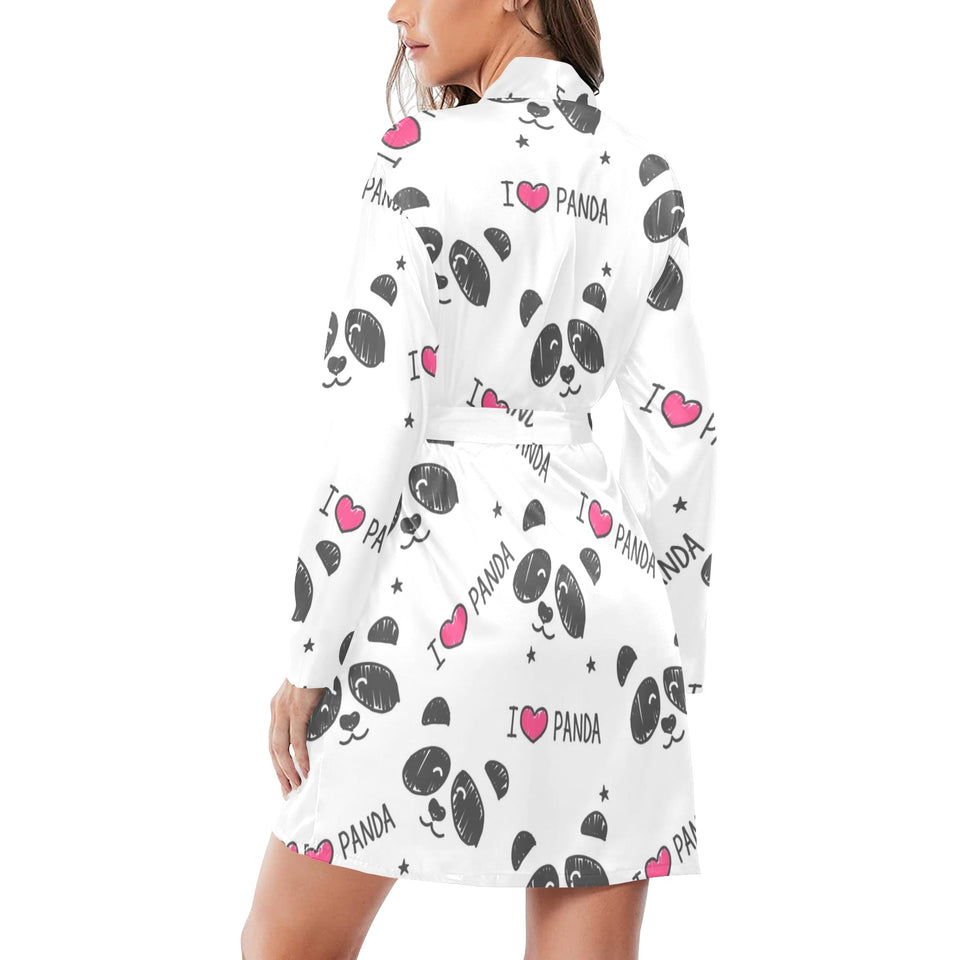 Hand Drawn faces of pandas pattern Women's Long Sleeve Belted Night Robe