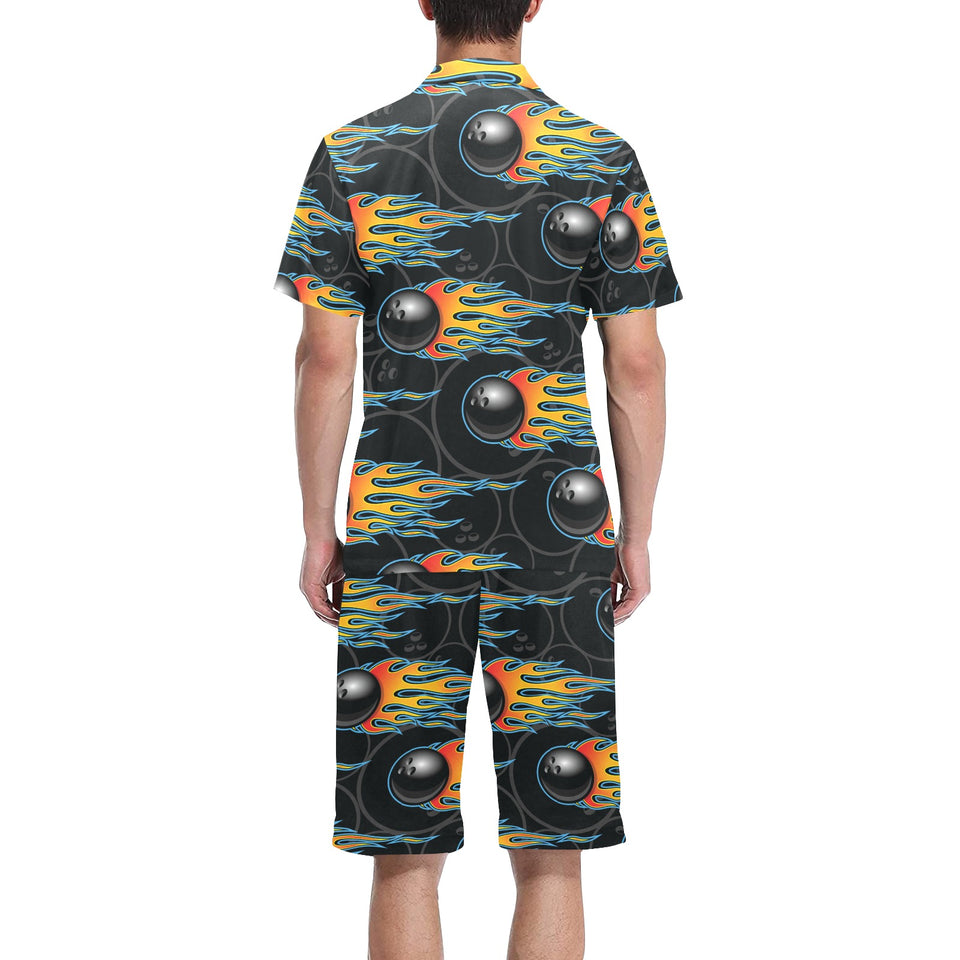 Bowling balls flame pattern Men's V-Neck Short Pajama Set
