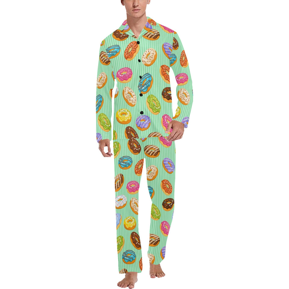 Colorful donut pattern green background Men's Long Pajama Set
