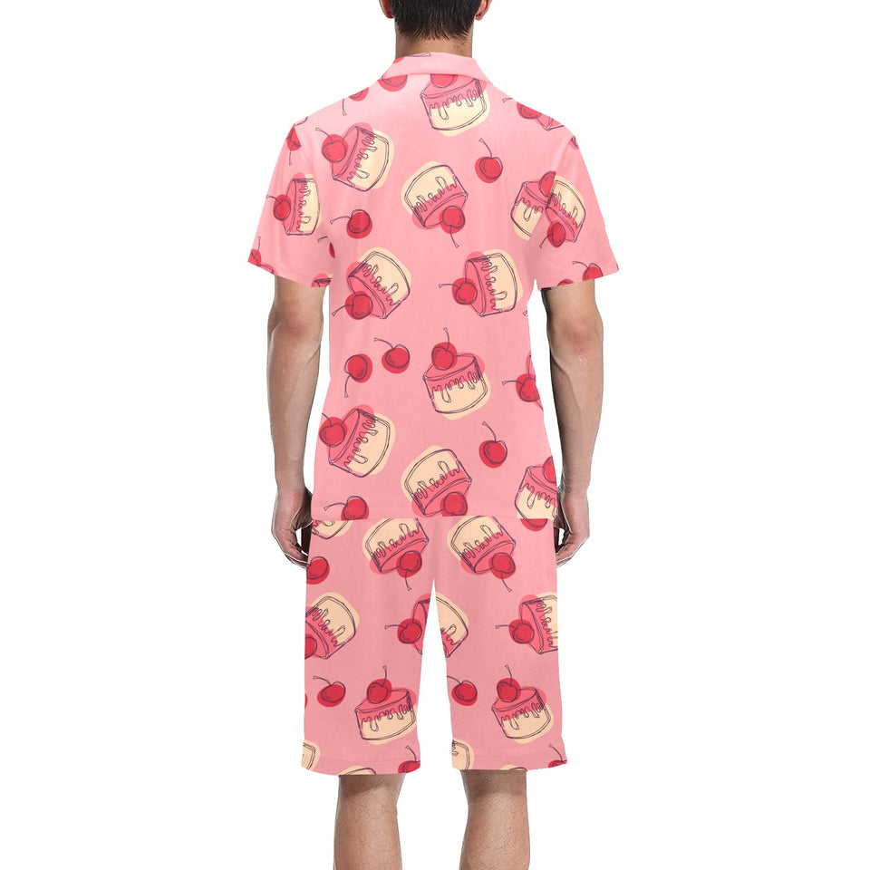 Cake cherry pattern Men's V-Neck Short Pajama Set