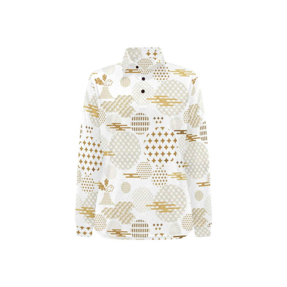 Beautiful gold japanese pattern Women's Long Sleeve Polo Shirt
