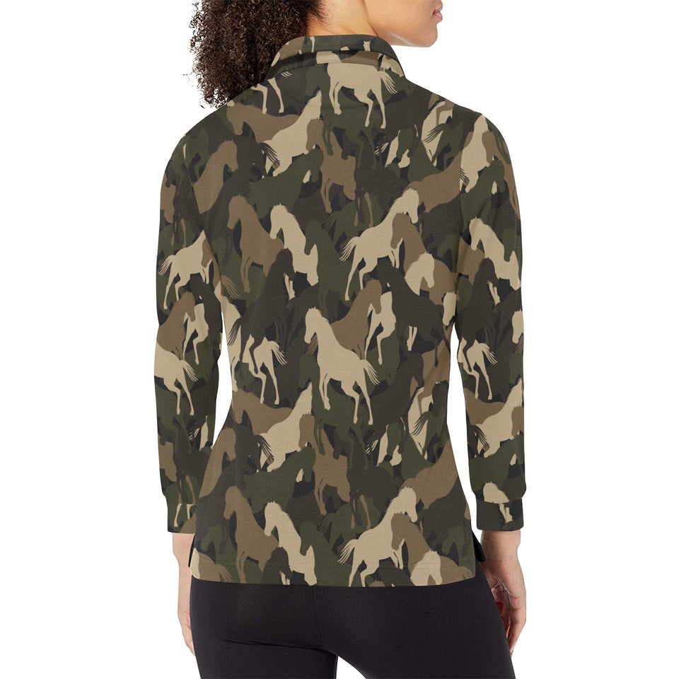 Horse Camouflage Pattern Women's Long Sleeve Polo Shirt