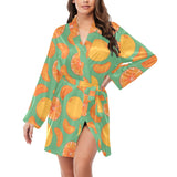 orange fruit pattern green background Women's Long Sleeve Belted Night Robe