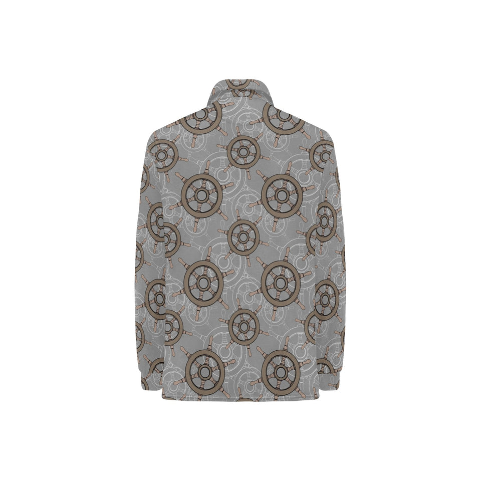 nautical wood steering wheel pattern Women's Long Sleeve Polo Shirt