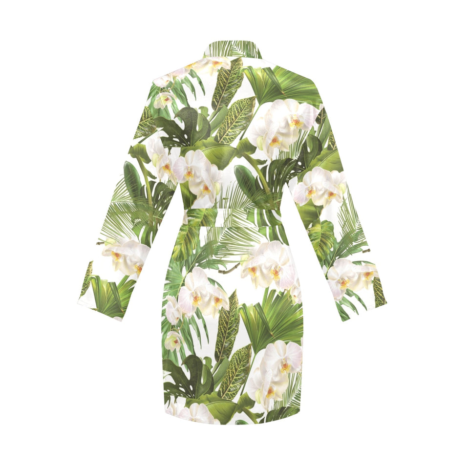 White orchid flower tropical leaves pattern Women's Long Sleeve Belted Night Robe